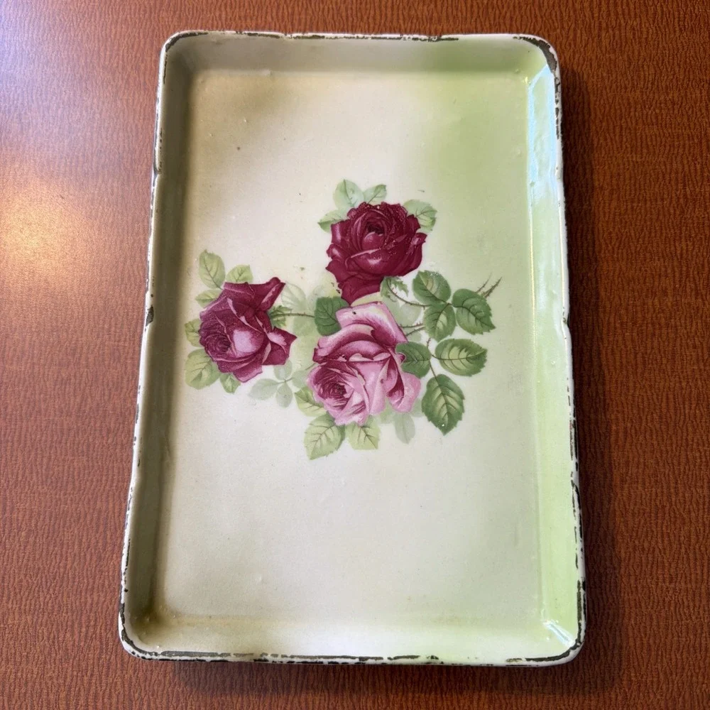 Vtg Painted Vanity Tray From Austria Pink Roses Gold Trim 8.5